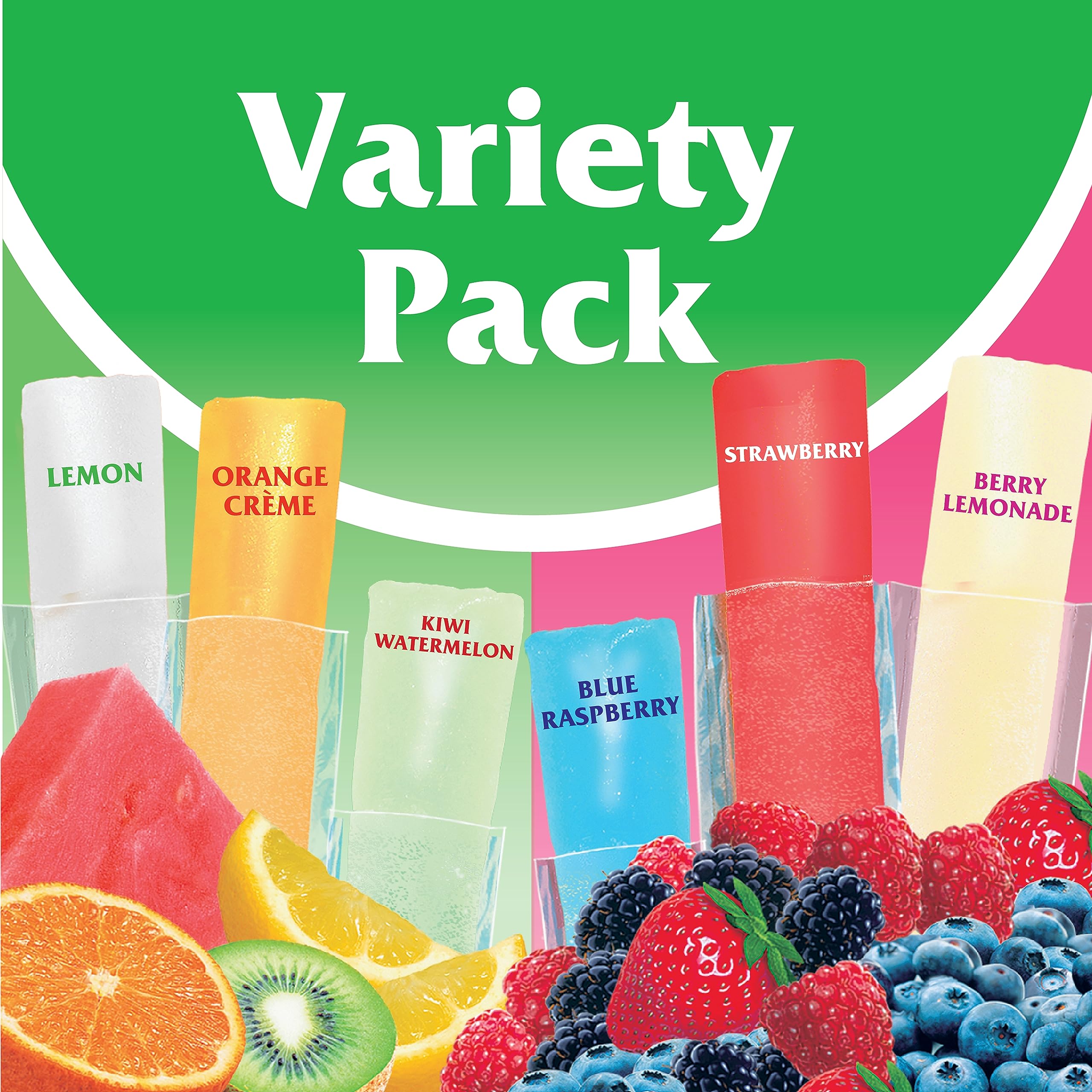 Wyler's close-up of six flavored pops, clear view of color and variety benefits