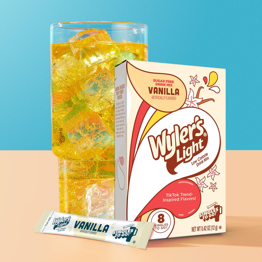 Wyler's Light packet being poured into a water bottle for instant flavor