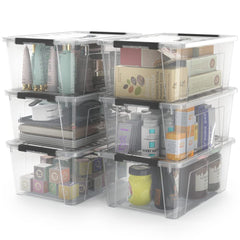 WYT front view of six clear storage bins showing compact organized set — space saving