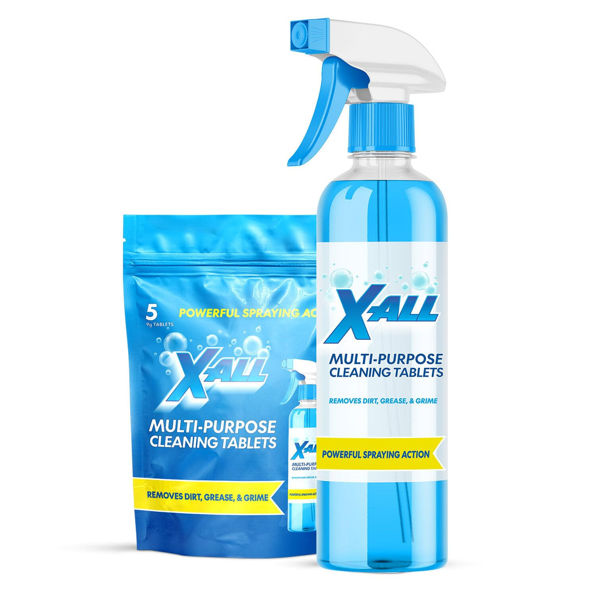 X-ALL spray bottle front view showing reusable design and eco benefit