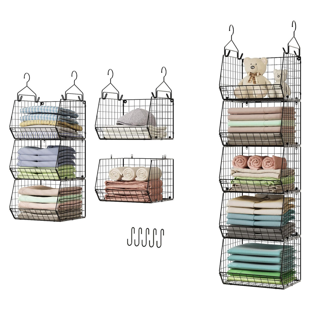 X-cosrack front view showing five hanging wire baskets and space-saving benefit