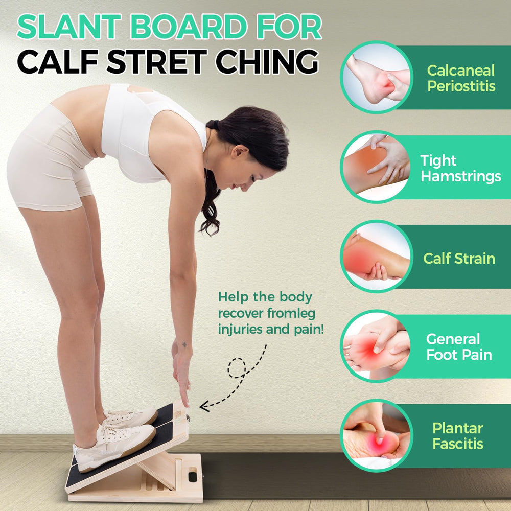 XCMVCN user using board with both feet in gym to increase calf flexibility