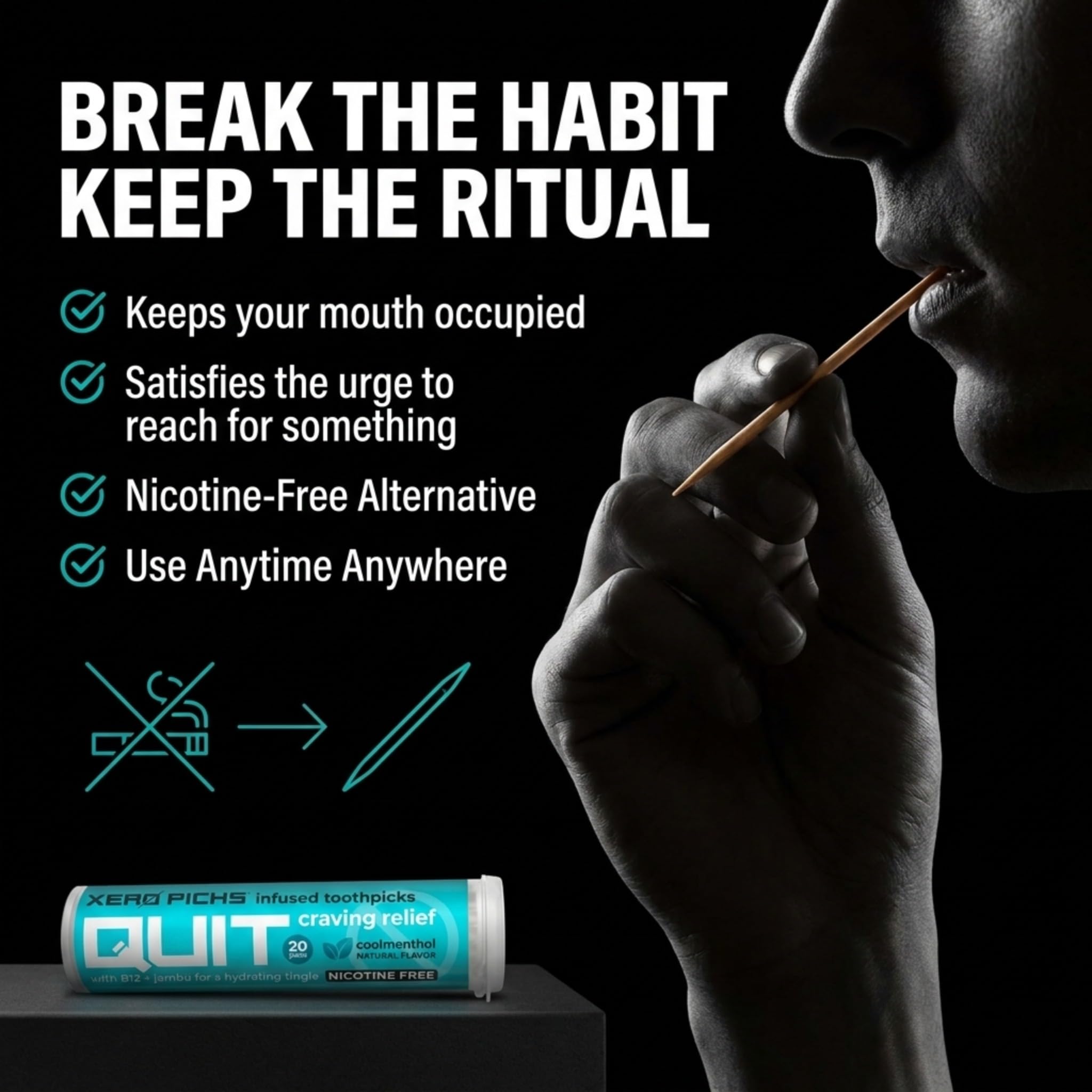 Xero Picks close-up of infused toothpick tip with bold flavor release benefit