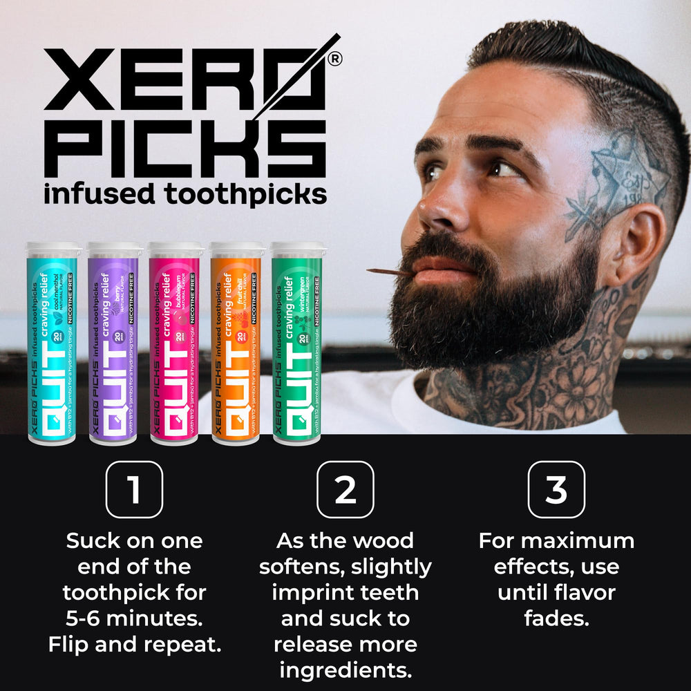 Xero Picks stick beside coins to show compact size and portability benefit