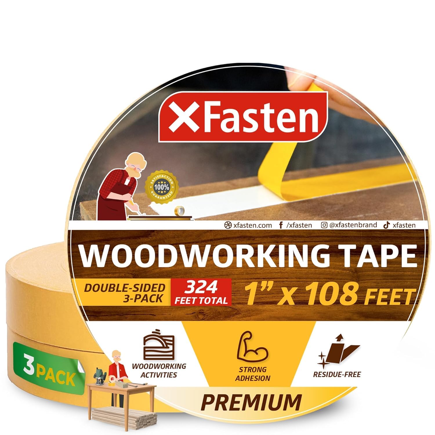 XFasten front view of three rolls showing packaging and tape width benefit