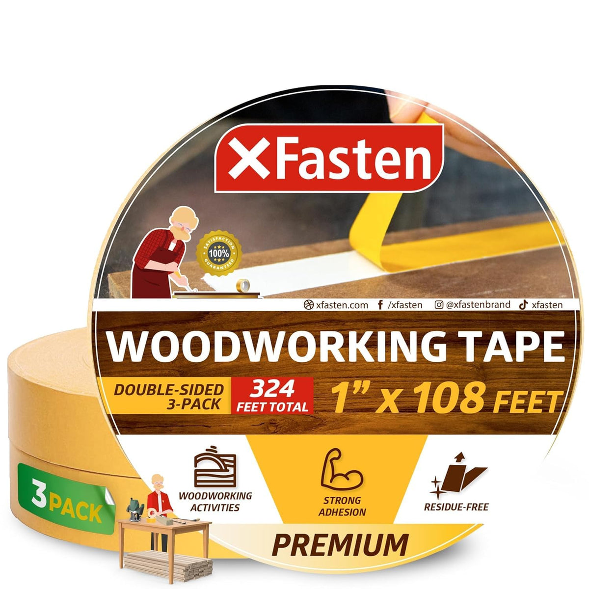 XFasten front view of three rolls showing packaging and tape width benefit