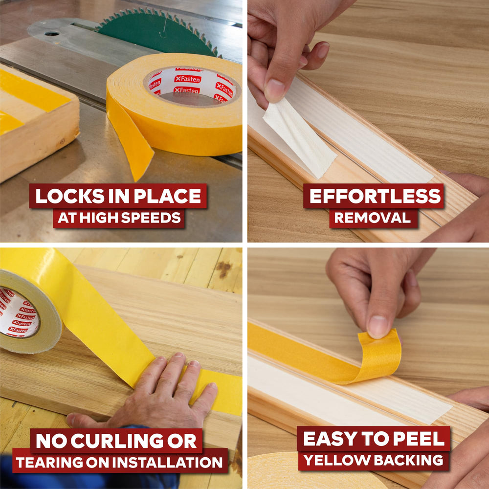 XFasten tape being peeled off wood showing residue-free removal benefit
