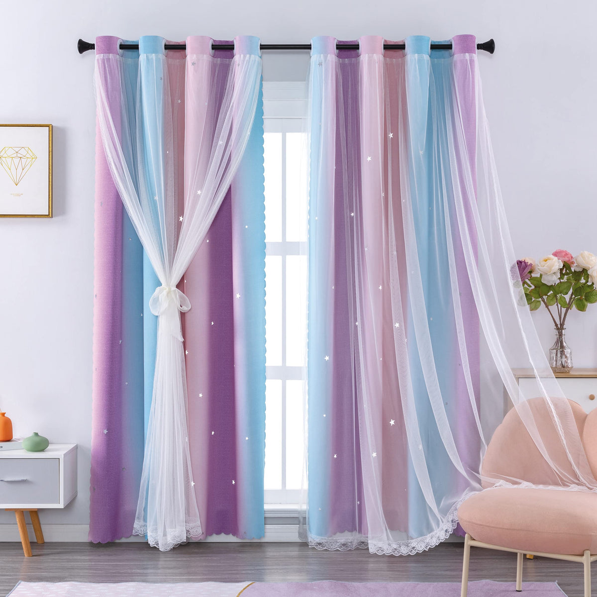 XiDi front panel pink rainbow curtain adding playful privacy