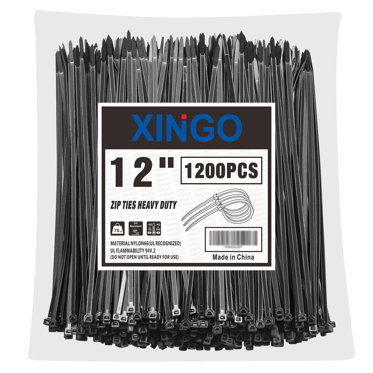 XINGO front pack of 1,200 black zip ties showing quantity and size for long projects