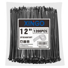 XINGO front pack of 1,200 black zip ties showing quantity and size for long projects