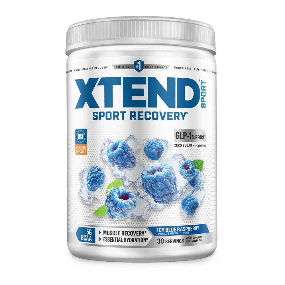 Xtend front packaging showing Blue Raspberry Ice and 30 servings for quick identification and convenience