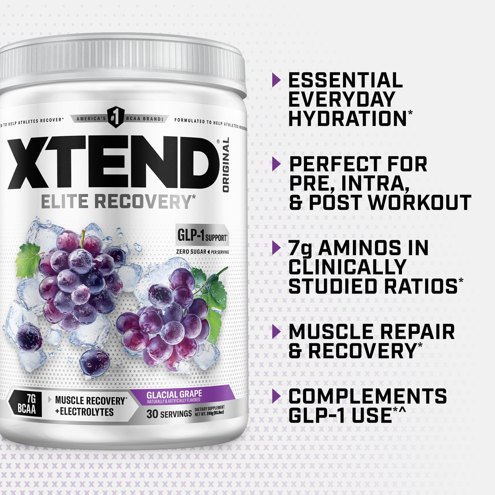 Xtend scoop with powder showing precise 7g BCAA serving