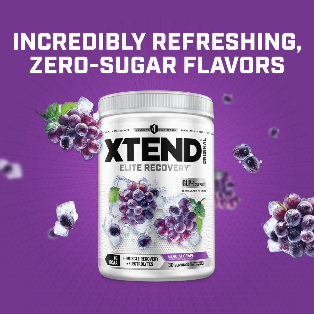 Xtend next to water bottle illustrating 30 serving tub scale