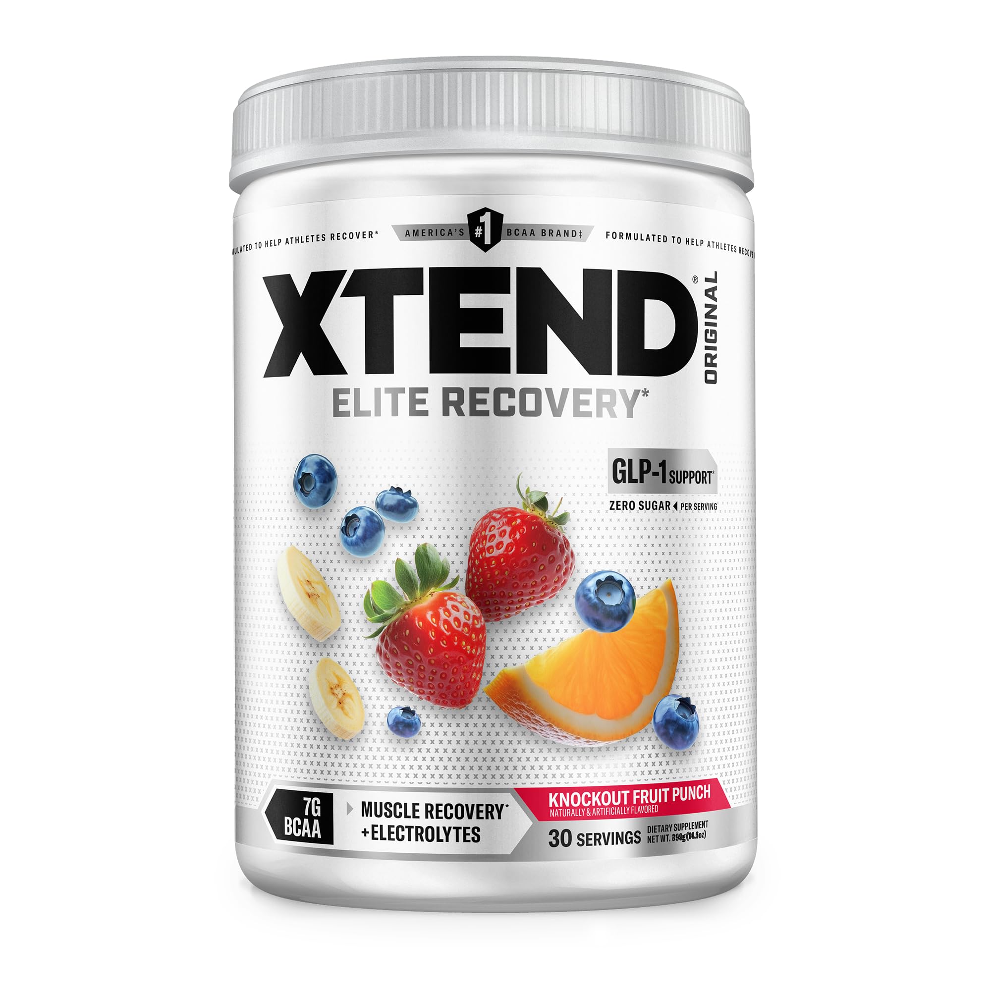 Xtend Knockout Fruit Punch front pack showing product and servings for clear choice