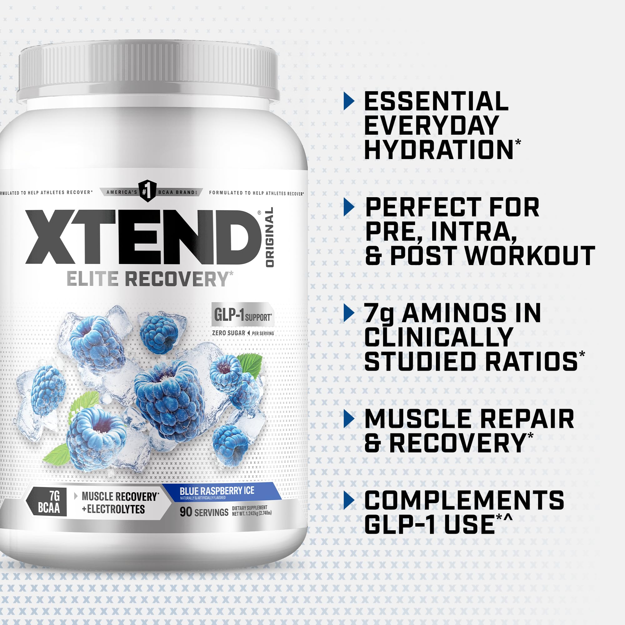 Xtend open tub with scoop showing measured servings and convenient portioning benefit