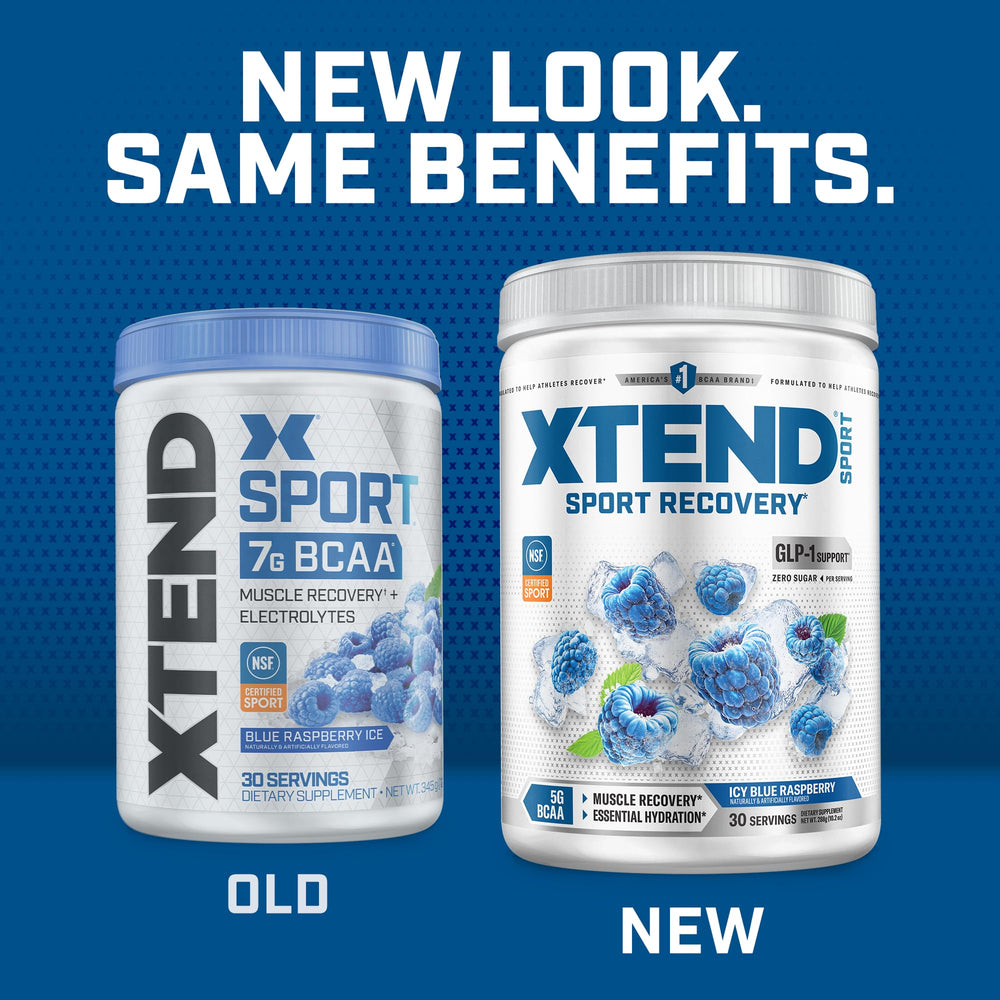 Xtend scoop beside hand for scale indicating serving size and portability for travel or gym