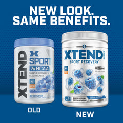 Xtend scoop beside hand for scale indicating serving size and portability for travel or gym