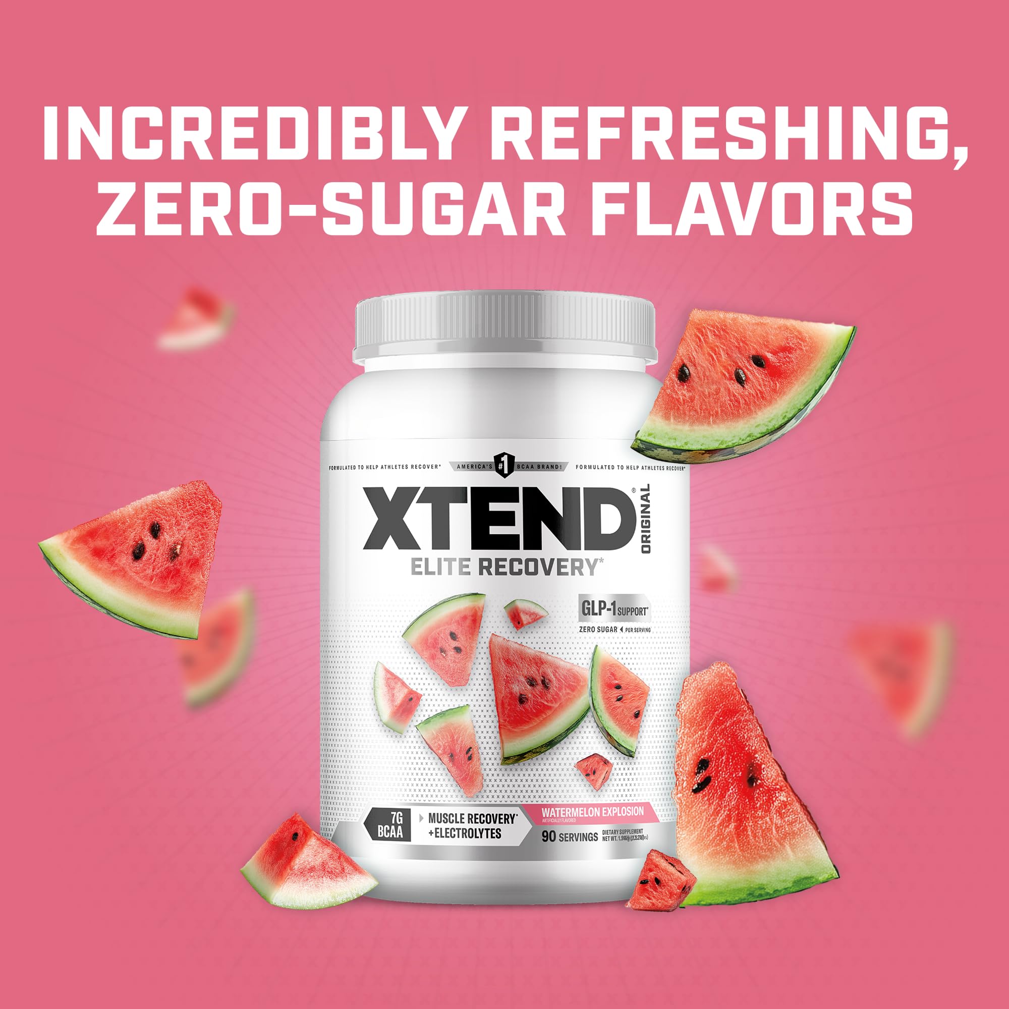 Xtend tub beside common household items to show 90-serving scale