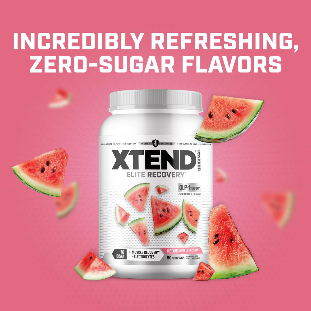 Xtend tub beside common household items to show 90-serving scale