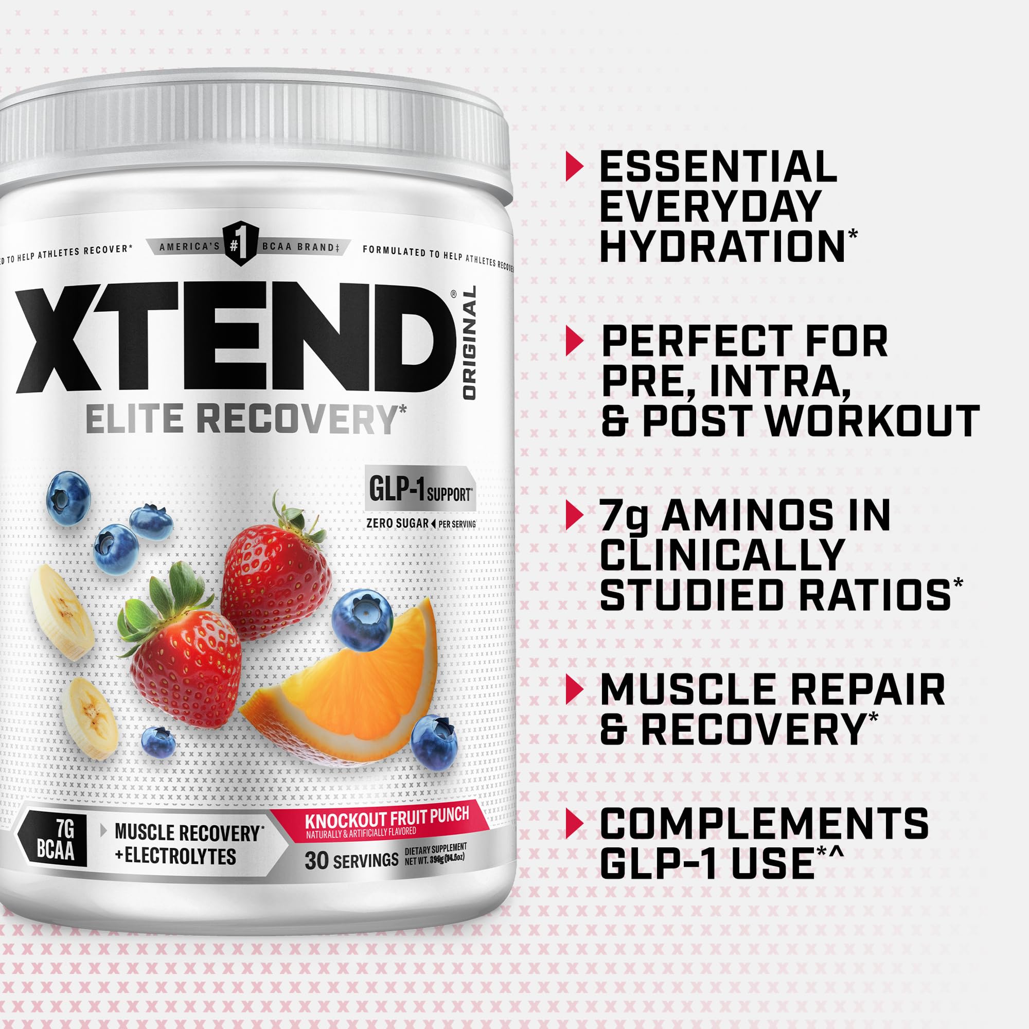 Scoop beside container for Xtend displaying serving size and portion clarity