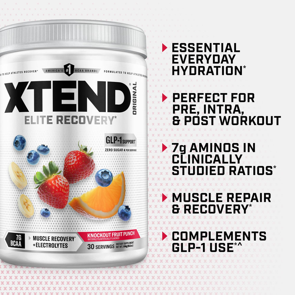 Scoop beside container for Xtend displaying serving size and portion clarity