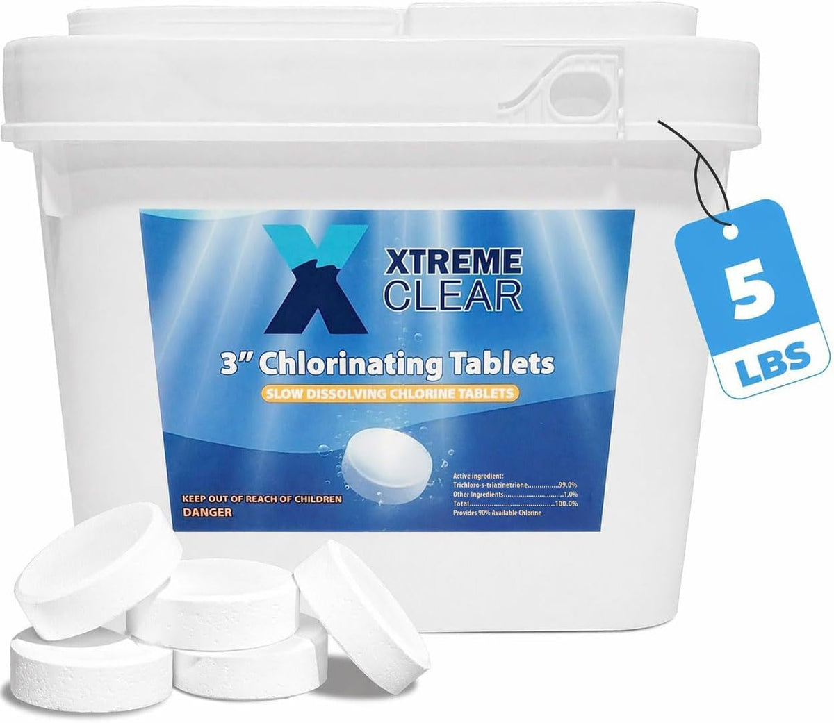 XtremepowerUS bucket front showing Xtremeclear 3-inch tablets and clear labeling benefit storage