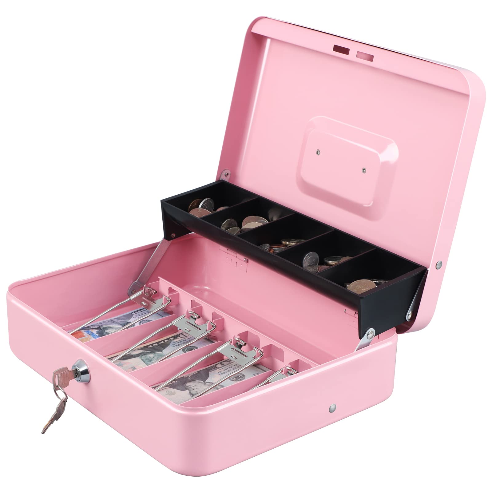 xydled front view of pink cash box showing sleek metal finish and portability benefit