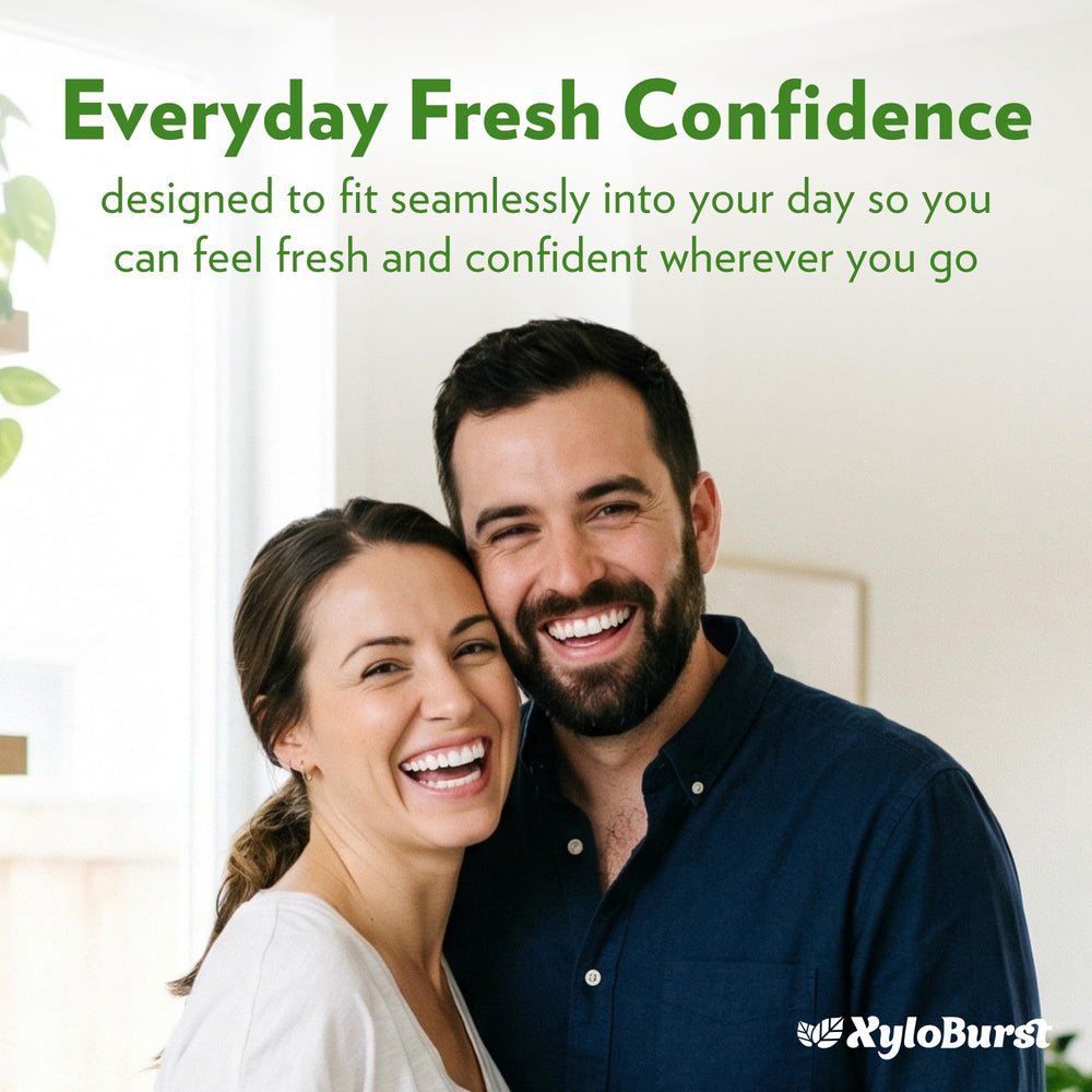 Xyloburst staged in travel bag conveying fresh breath on the go
