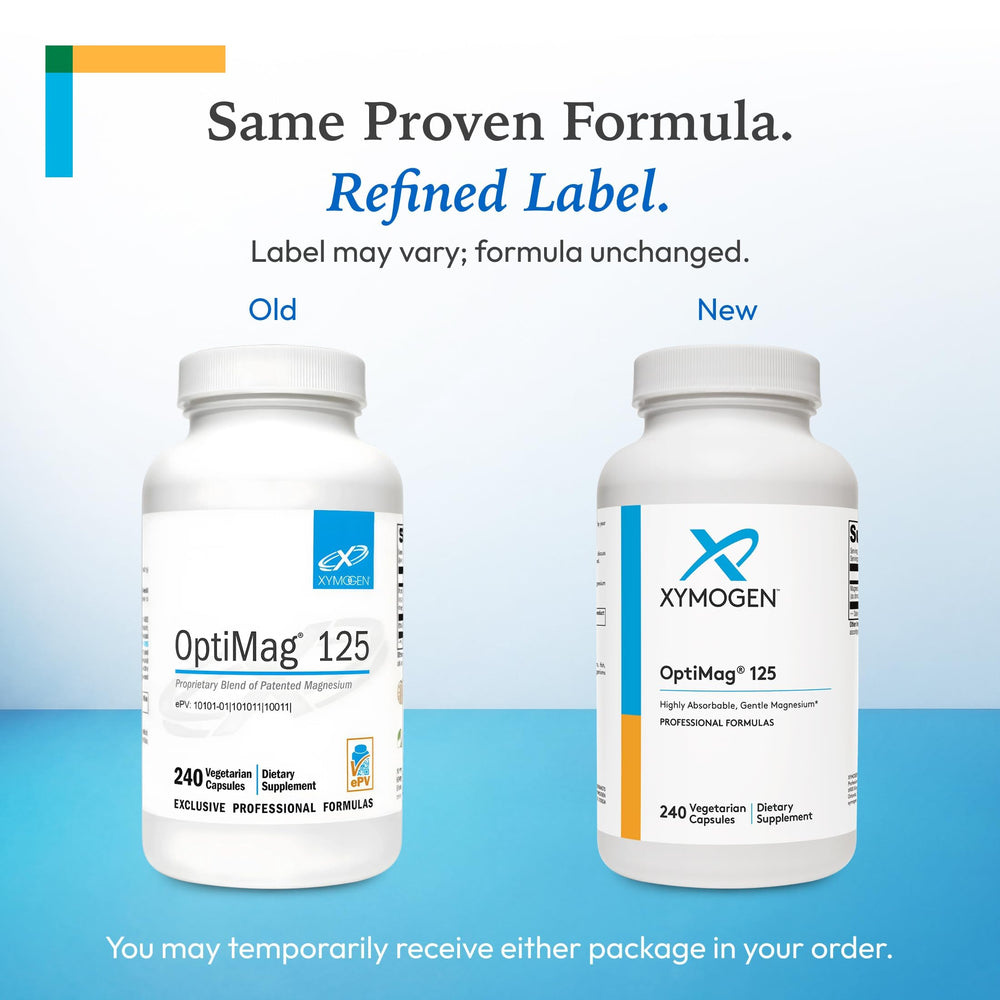 XYMOGEN OptiMag 125 single capsule texture shot showing smooth, easy-to-swallow surface