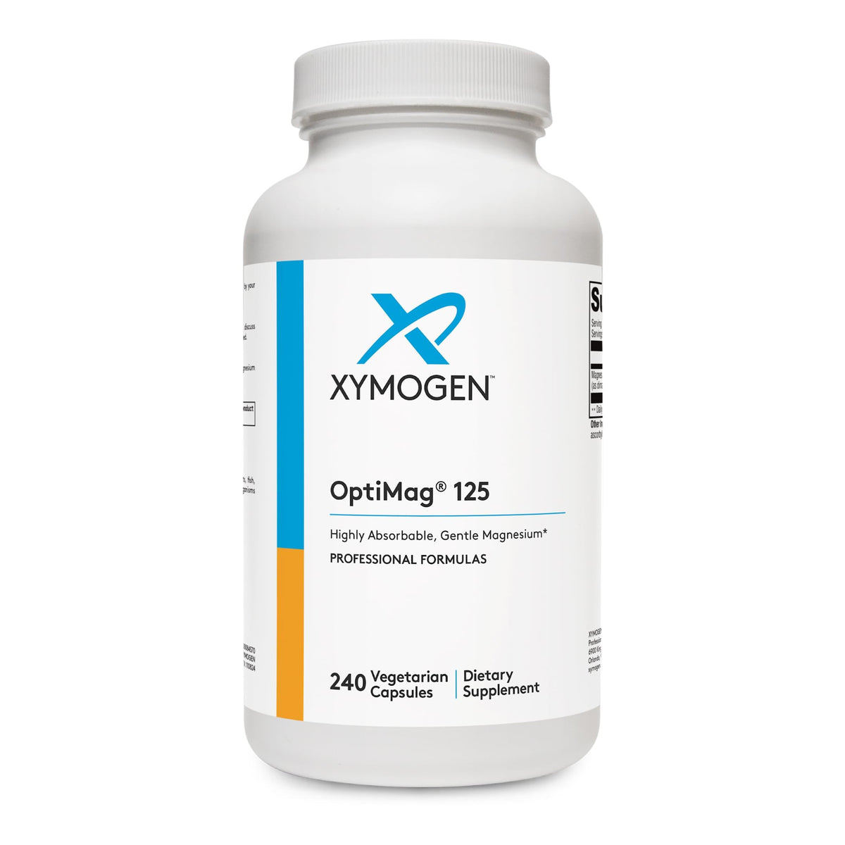 XYMOGEN OptiMag 125 front bottle view showing label and capsule count benefit clarity