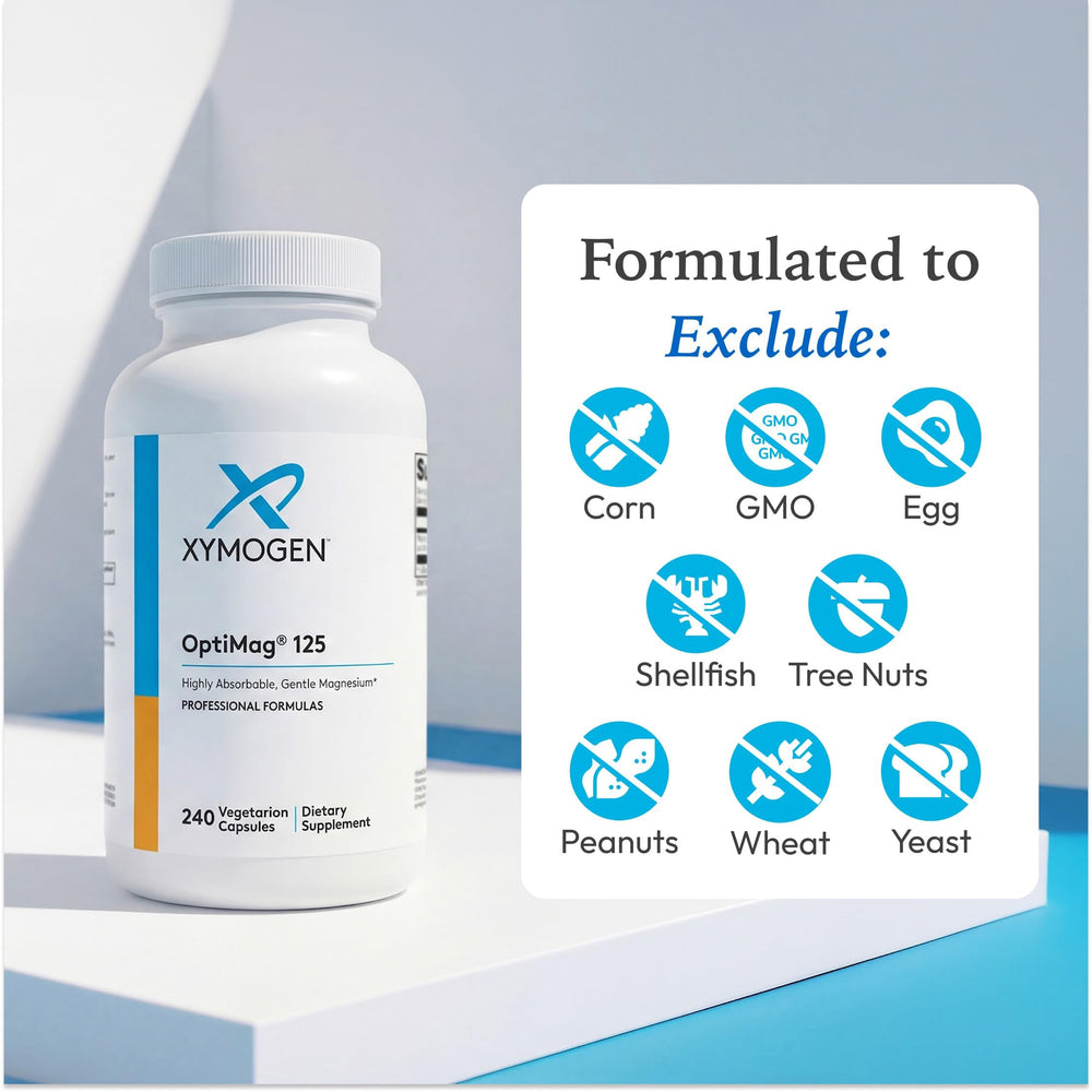 XYMOGEN OptiMag 125 bottle beside common objects for clear size and capsule count scale