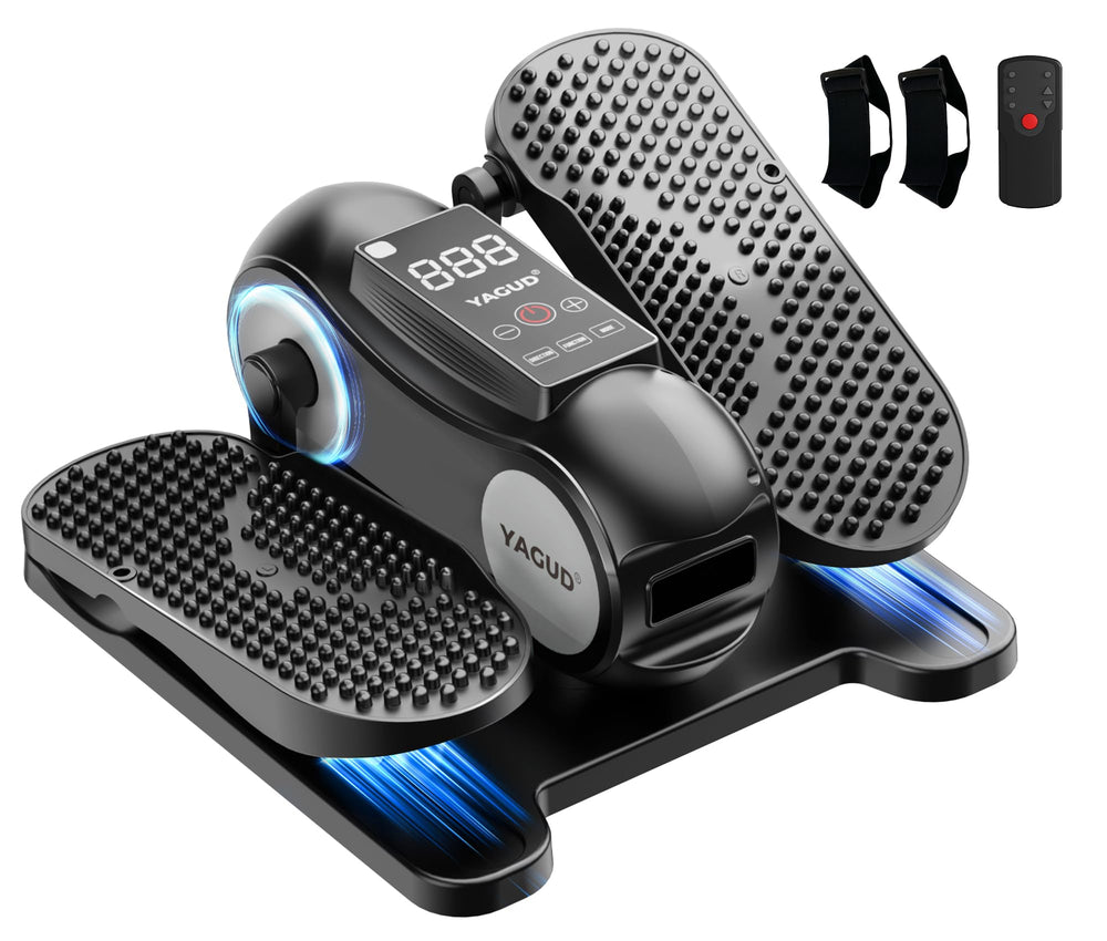 Yagud front view of compact elliptical showing stable base and pedals for easy movement