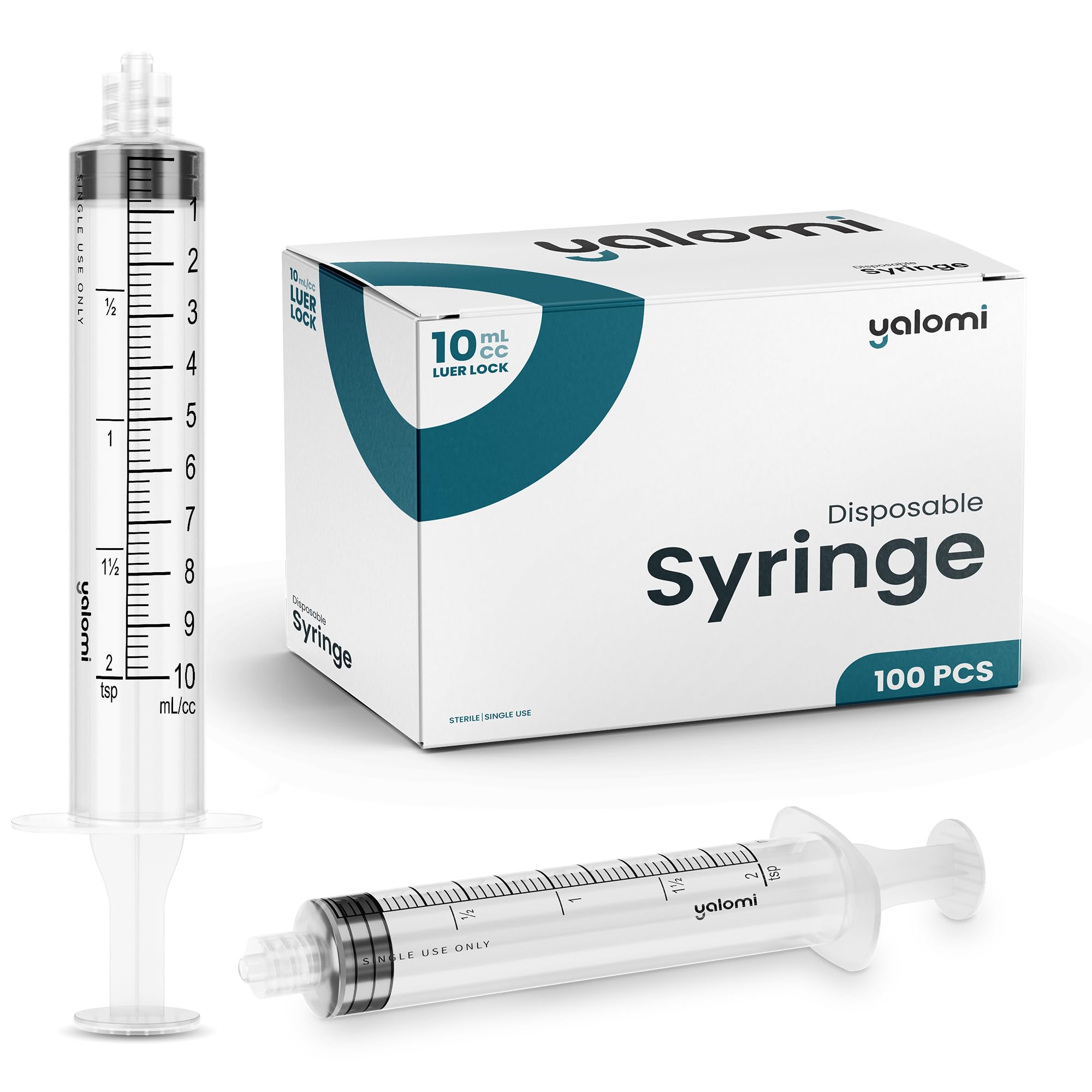 Yalomi 10mL syringe front view showing clear graduations and secure luer lock