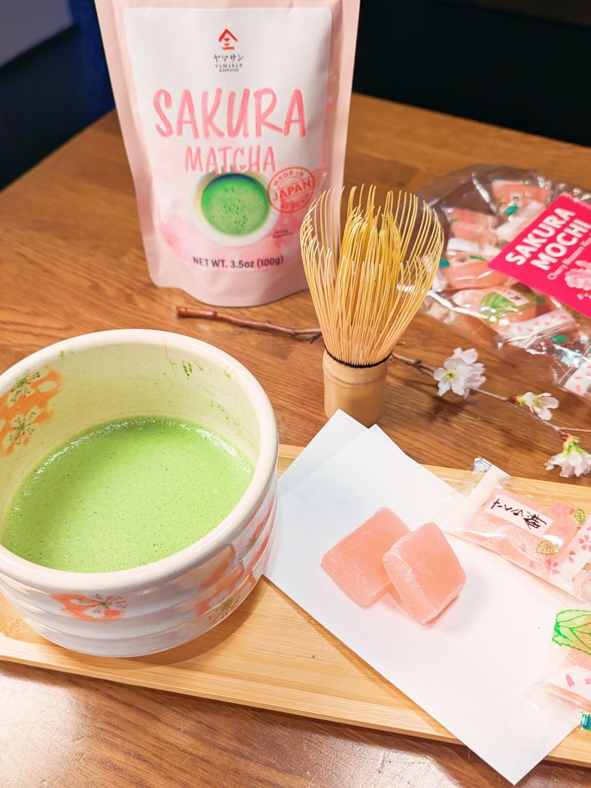 YAMASAN KYOTO UJI individual sakura mochi candies displayed for tasting benefit