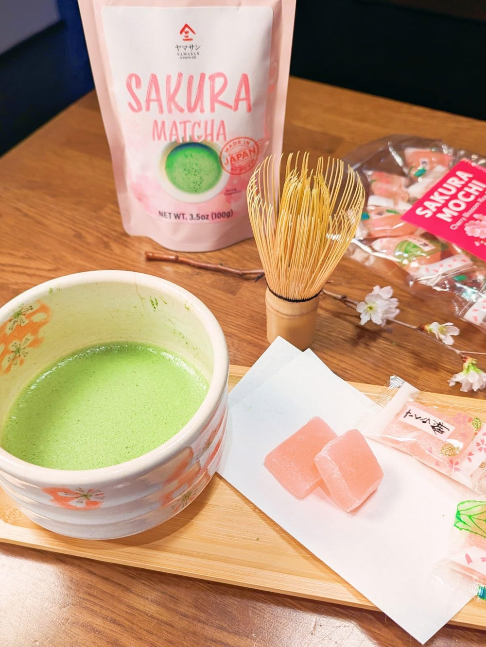 YAMASAN KYOTO UJI individual sakura mochi candies displayed for tasting benefit