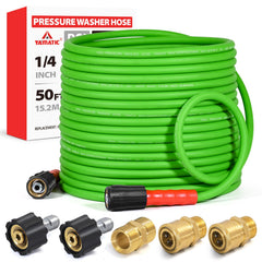 YAMATIC front packaging showing the 50ft hose and included adapters for easy setup