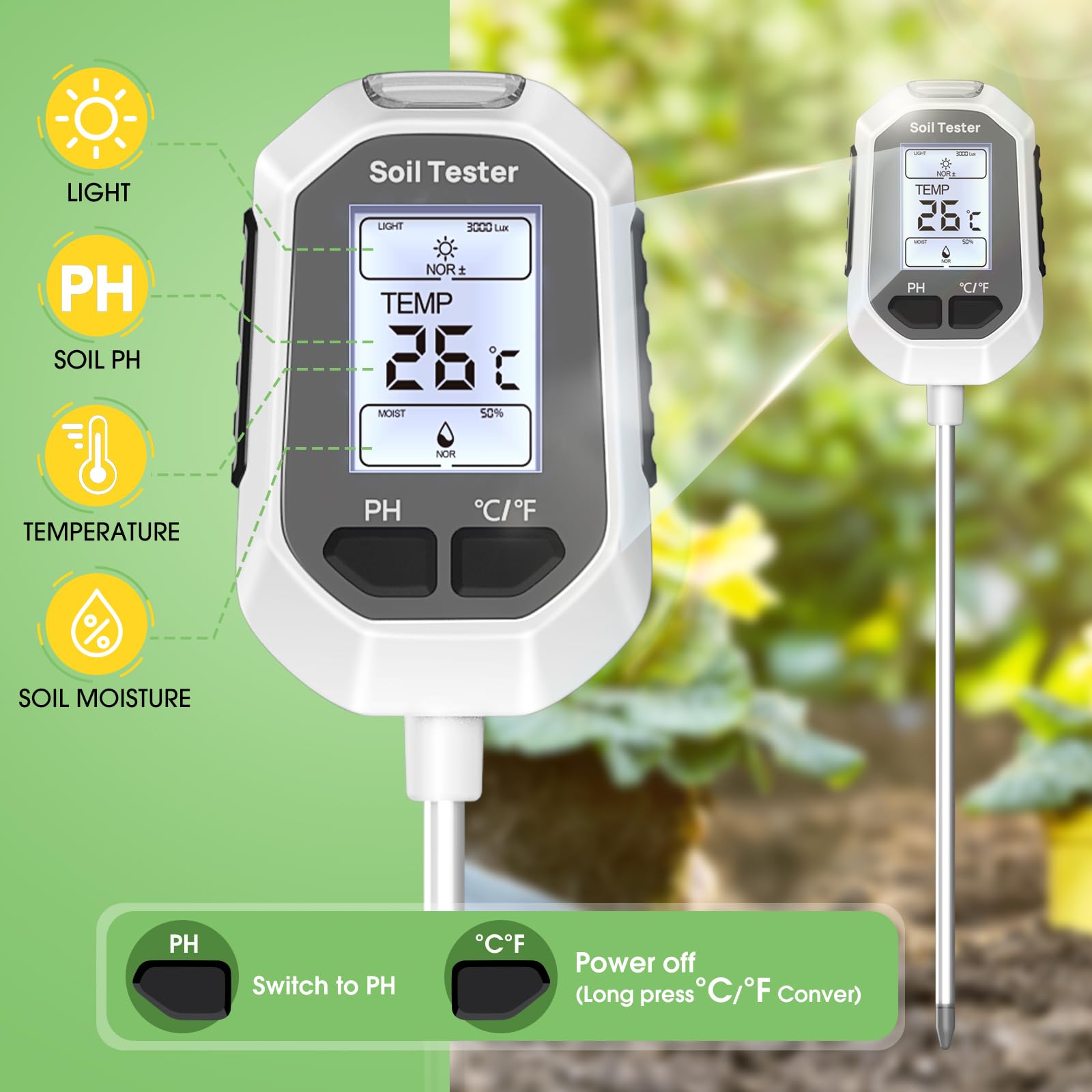 YAMRON probe close-up illustrating sturdy sensor tips for reliable soil measurements