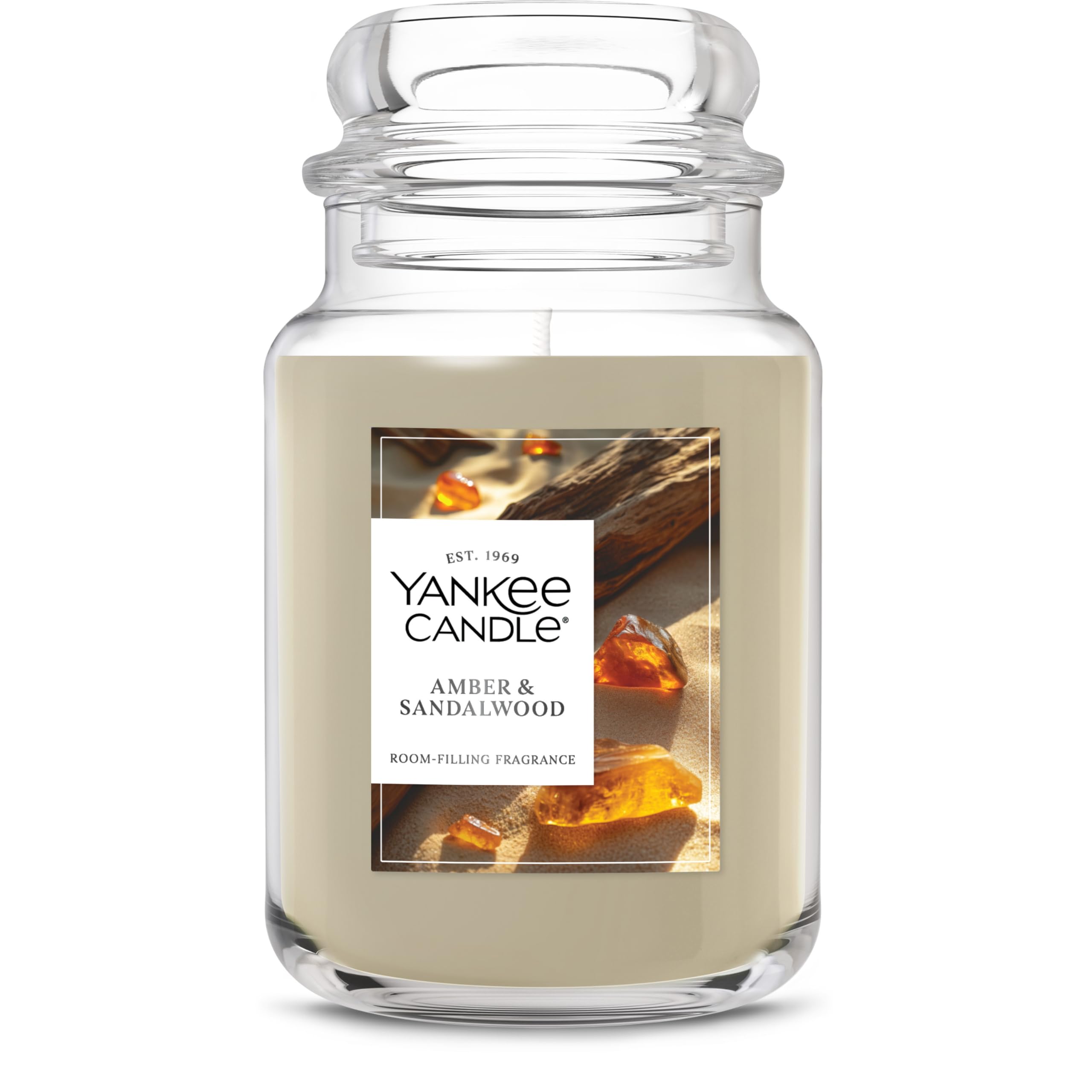 Yankee Candle amber & sandalwood front jar showing packaging and scent benefits