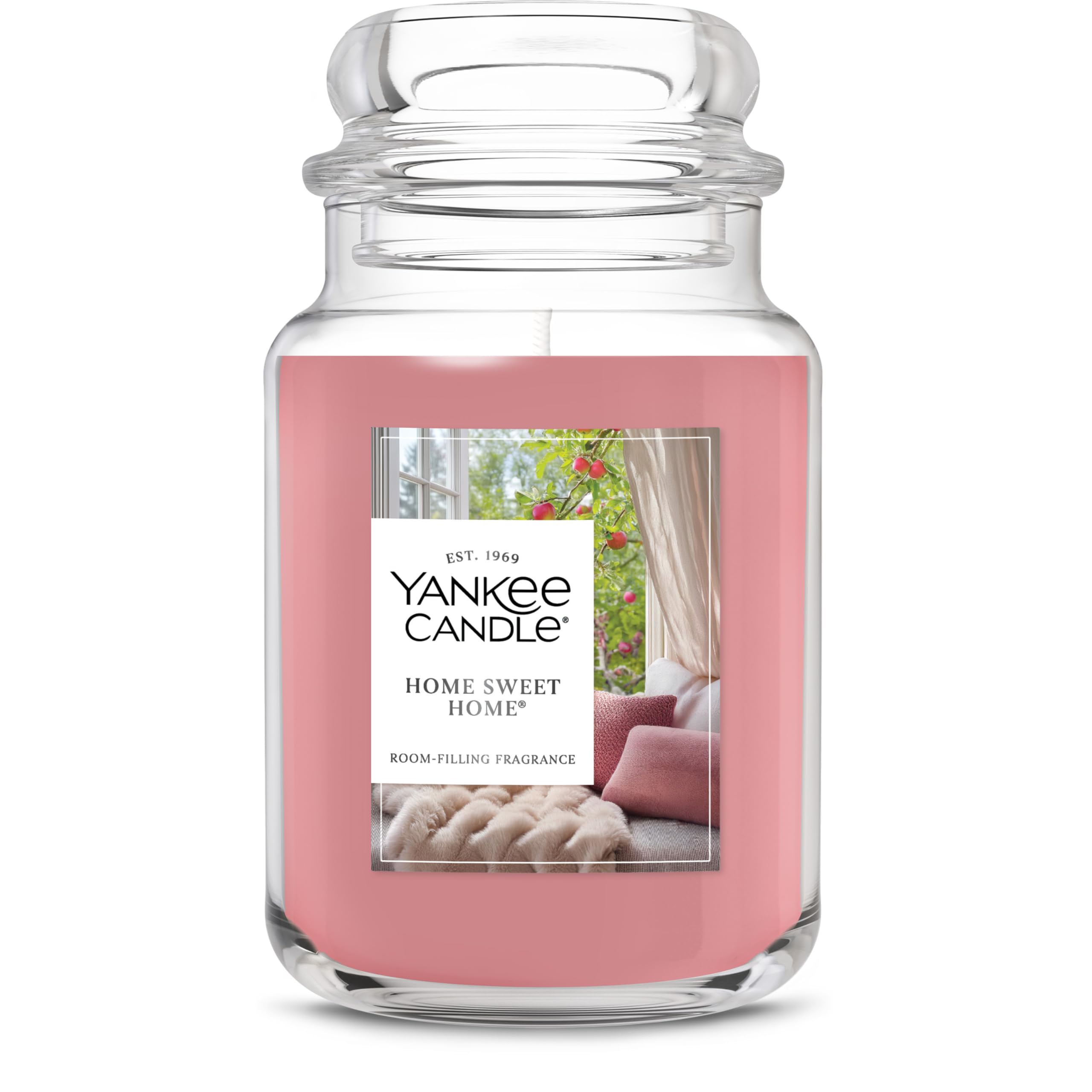 Yankee Candle front view of Home Sweet Home jar showing cozy label and size benefit