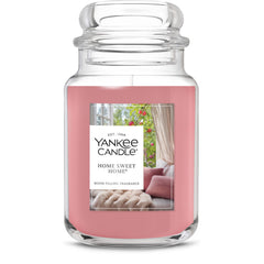 Yankee Candle front view of Home Sweet Home jar showing cozy label and size benefit