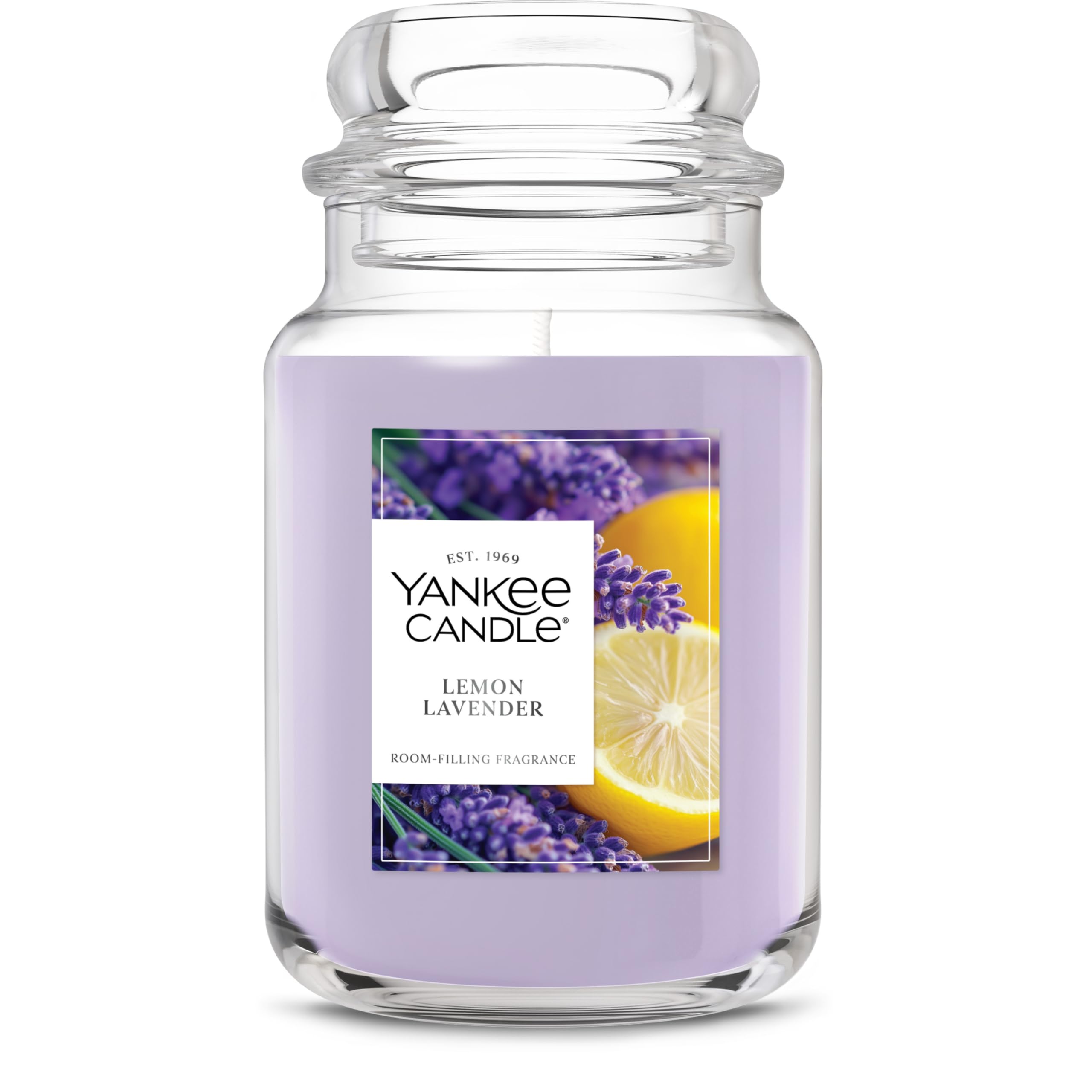 Yankee Candle Lemon Lavender front jar view showing label and bright citrus benefit