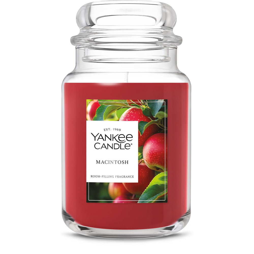 Yankee Candle Macintosh front jar view showing label and apple scent benefit