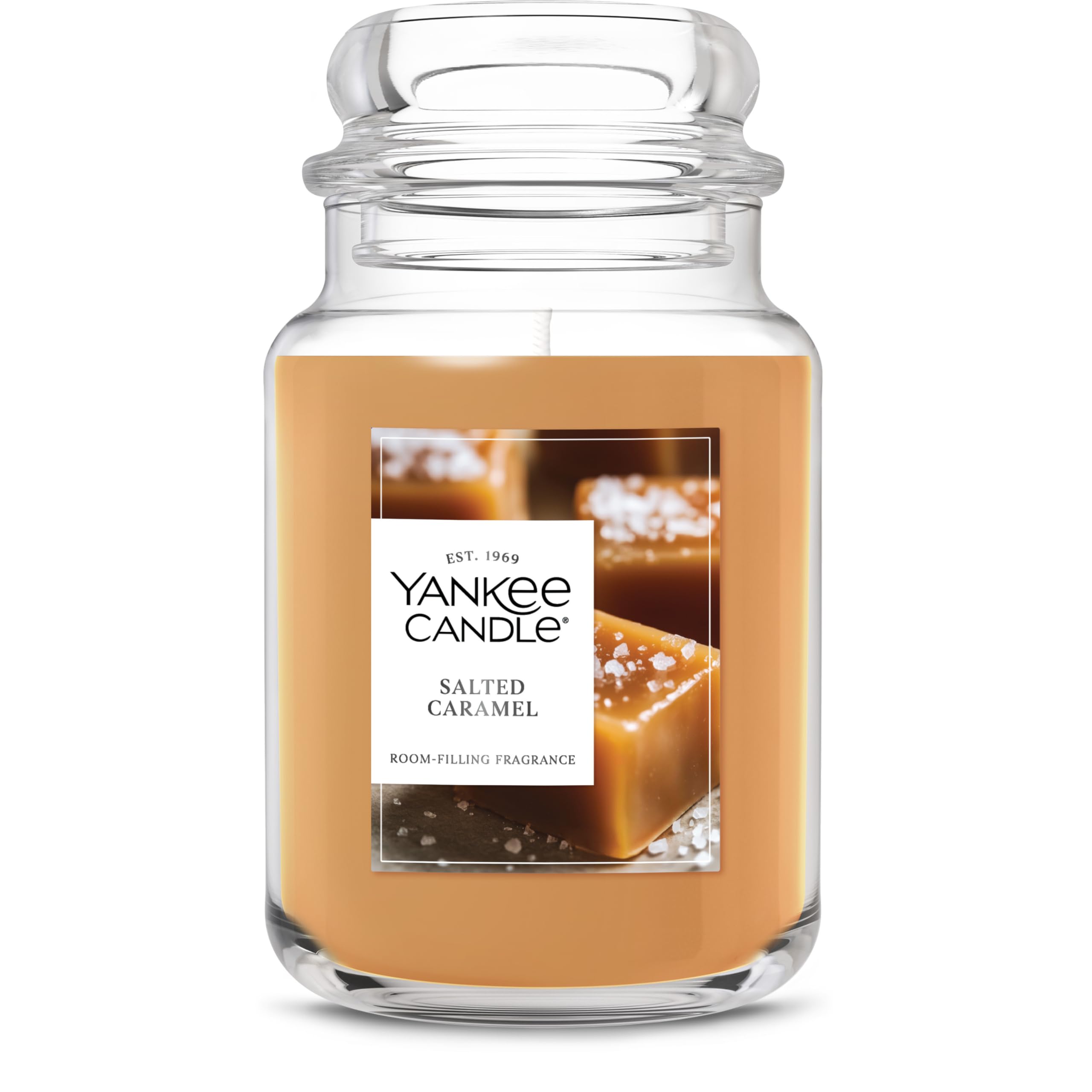Yankee Candle Salted Caramel large jar front view showing label and jar benefit of long-lasting fragrance