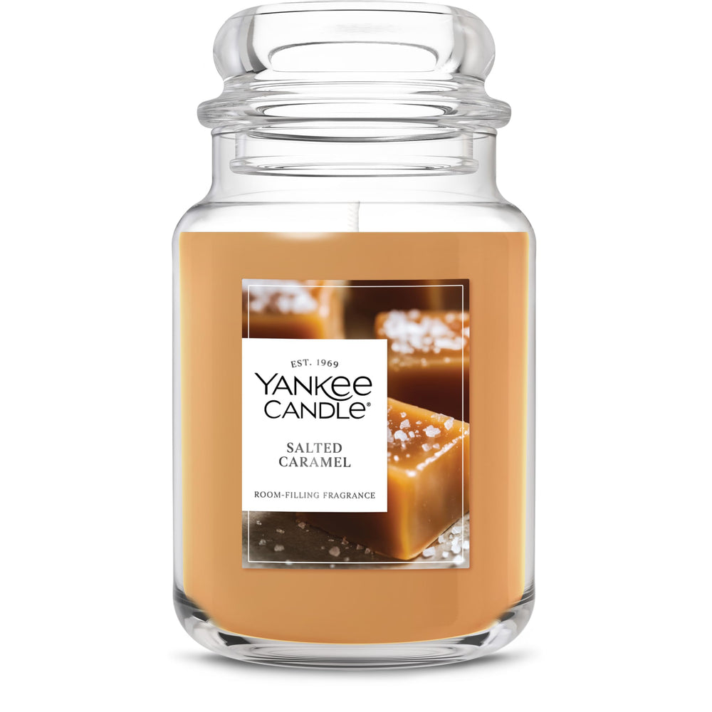 Yankee Candle Salted Caramel large jar front view showing label and jar benefit of long-lasting fragrance