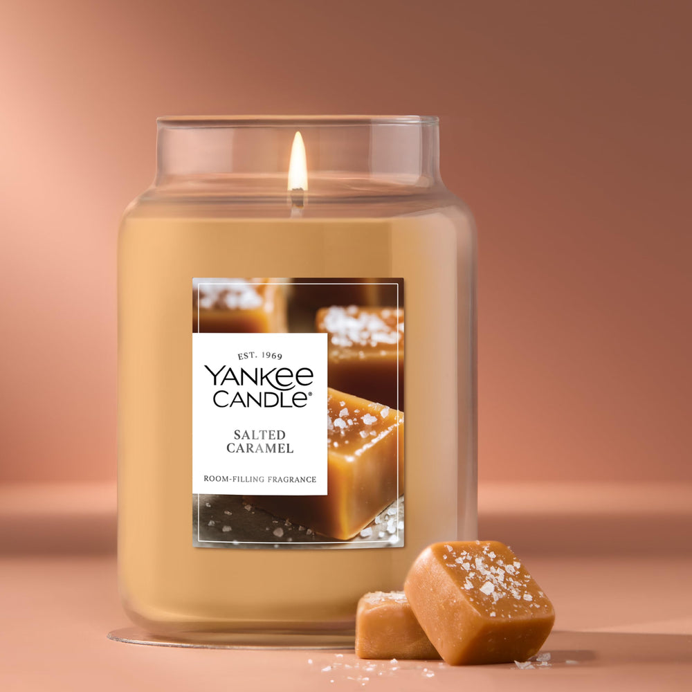 Yankee Candle Salted Caramel lid and label detail with brand and scent clarity benefit