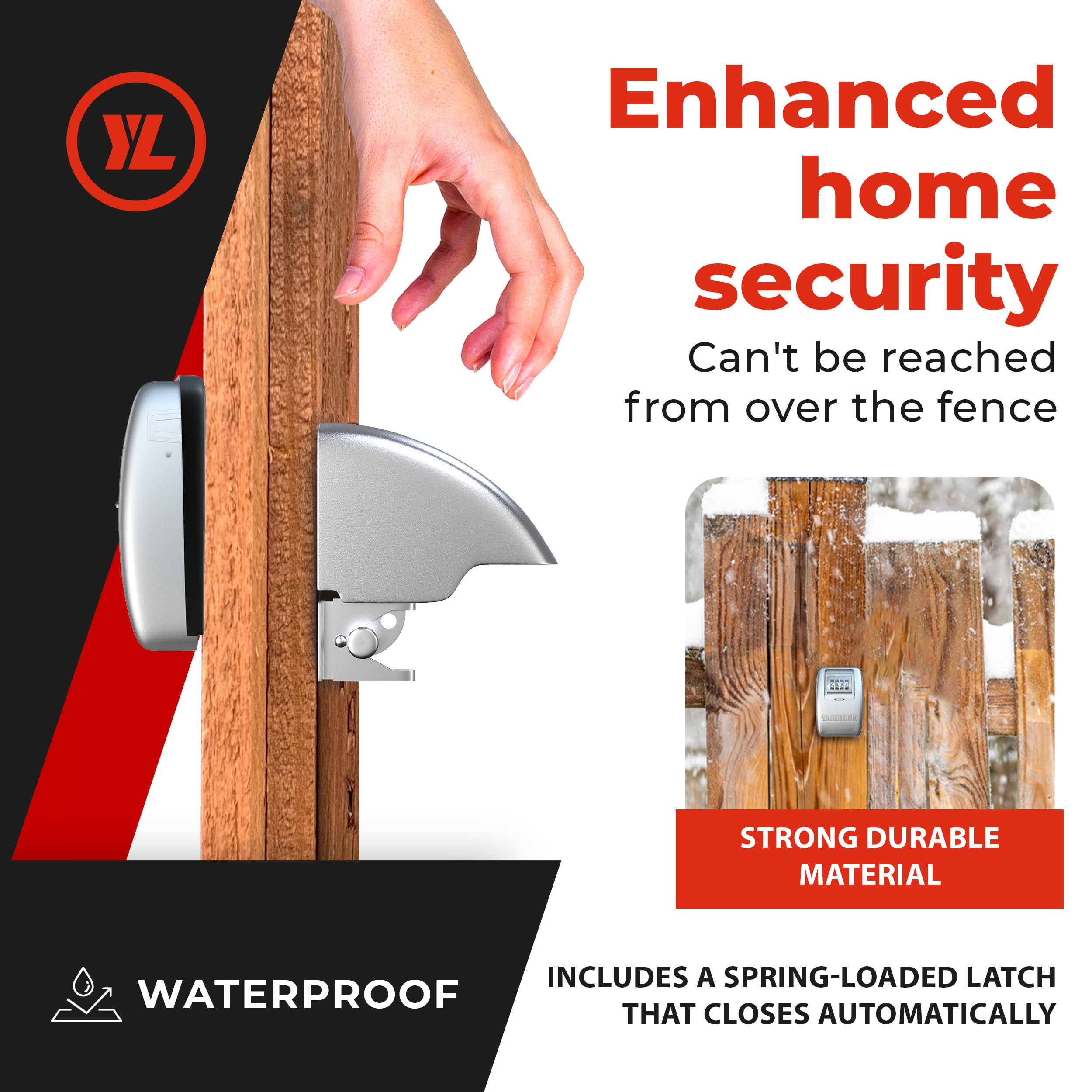Yardlock XLS mounted on a wood gate illustrating secure, weatherproof fit