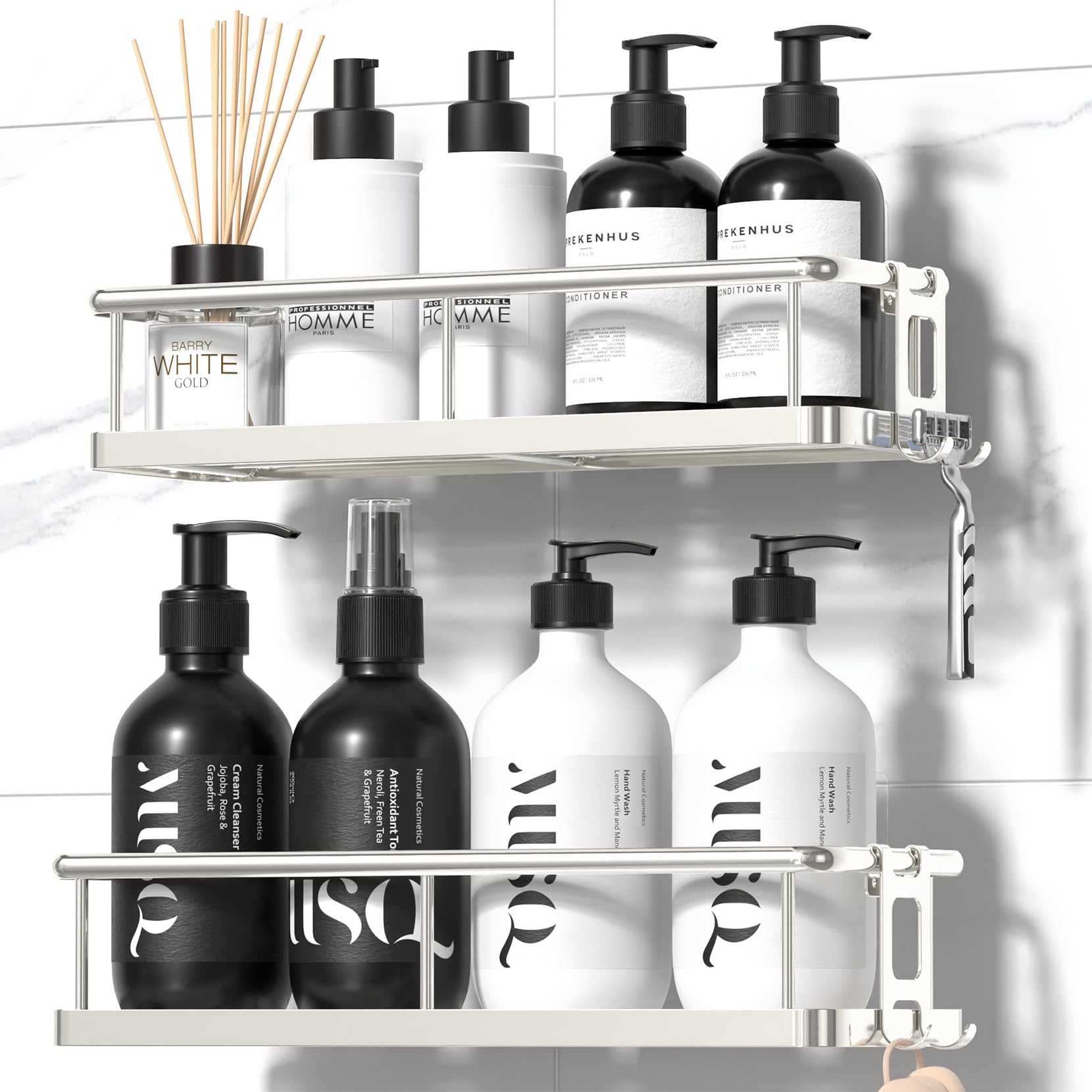 YASONIC front view of two-piece shower caddy showing clean storage benefit