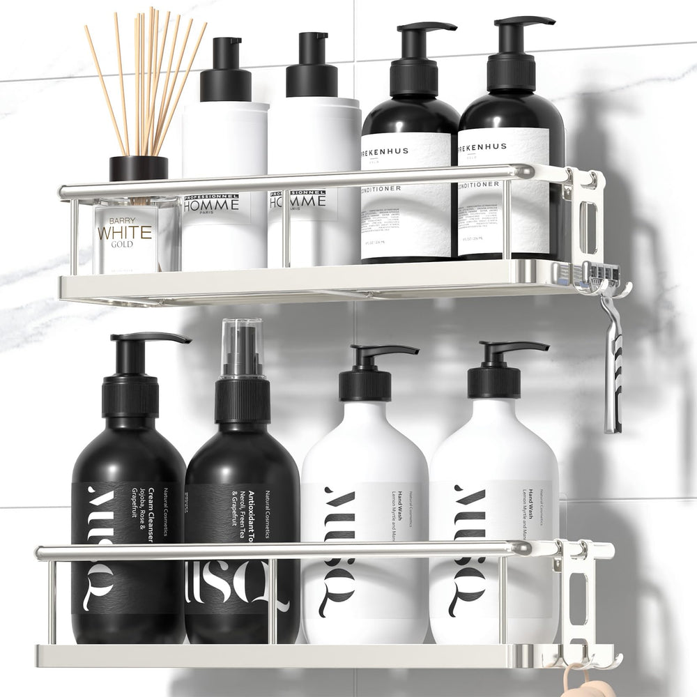 YASONIC front view of two-piece shower caddy showing clean storage benefit
