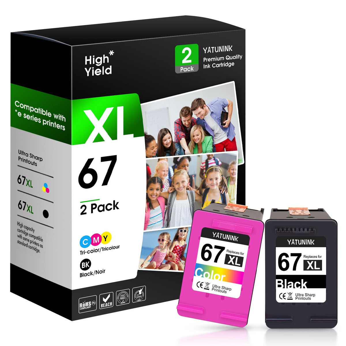 YATUNINK front packaging showing 67XL combo pack and clear label for easy identification
