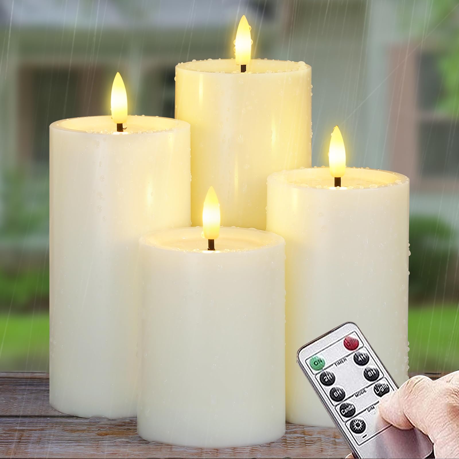 Yeelida front view of four ivory pillar candles showing heights and clean design for safe ambiance